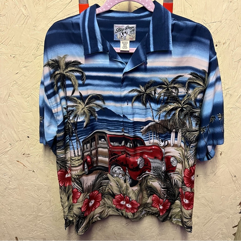 Big Dog Tropical Hawaiian Shirt with Red Vintage Car Size Large